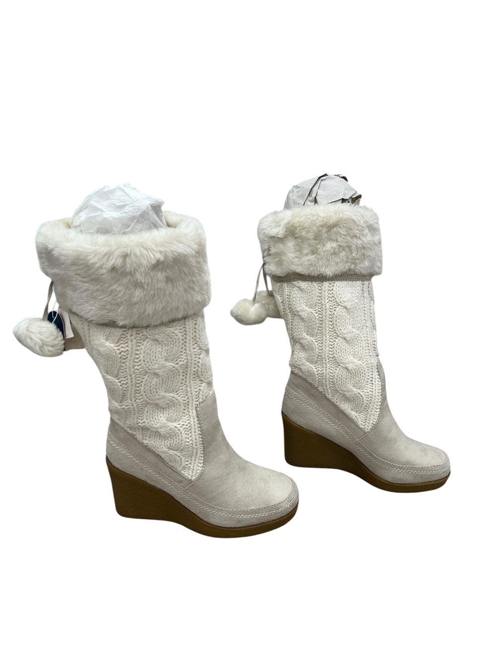 Cream White Cable-Knit Faux-Fur Wedge Boots with Pom-Poms Size 7